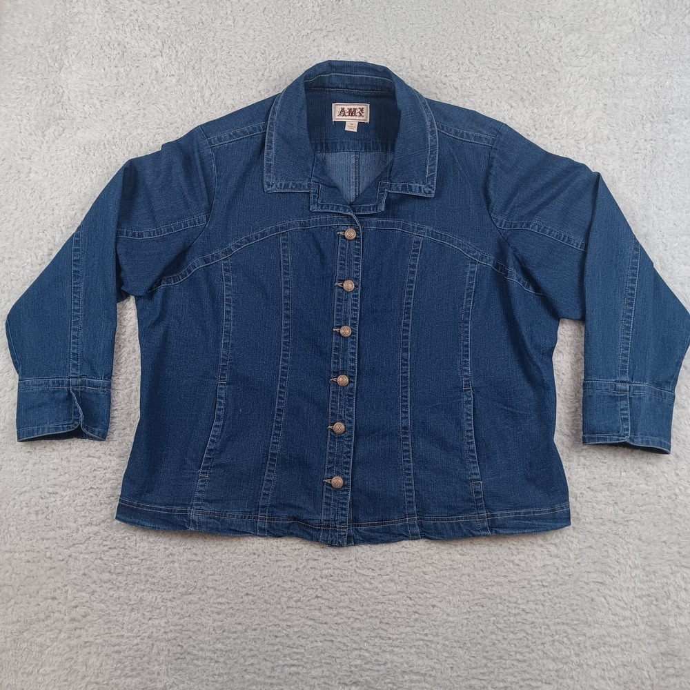 AMX Denim Jacket Woman 3X Blue Button Front Stretch Seamed 550943RX